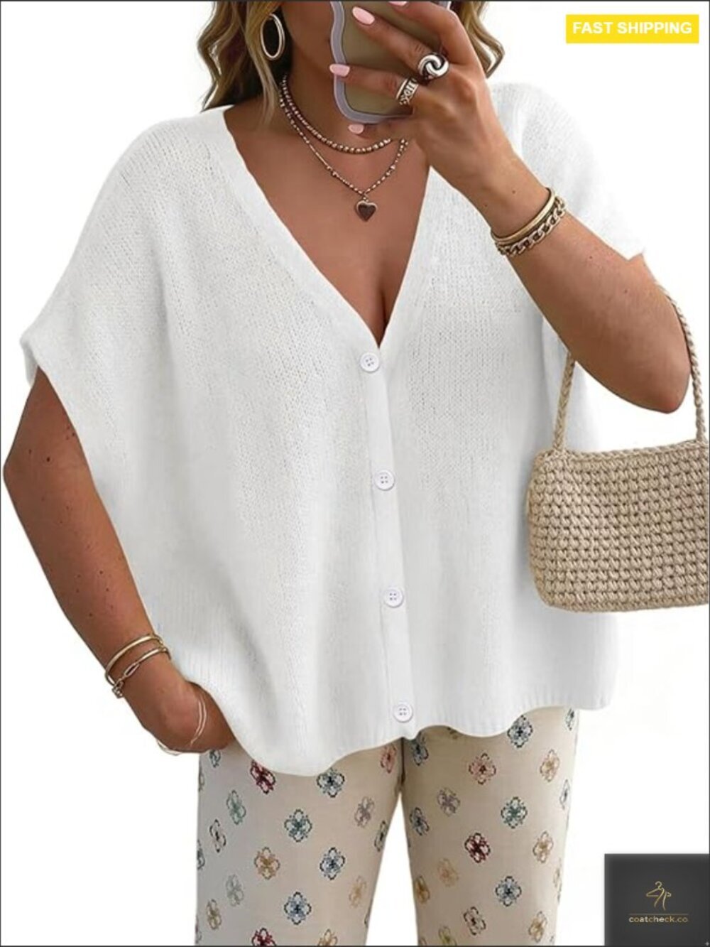 Oversized Short Sleeve Cardigan Lightweight V-Neck Knit Sweater Beach Cover Up